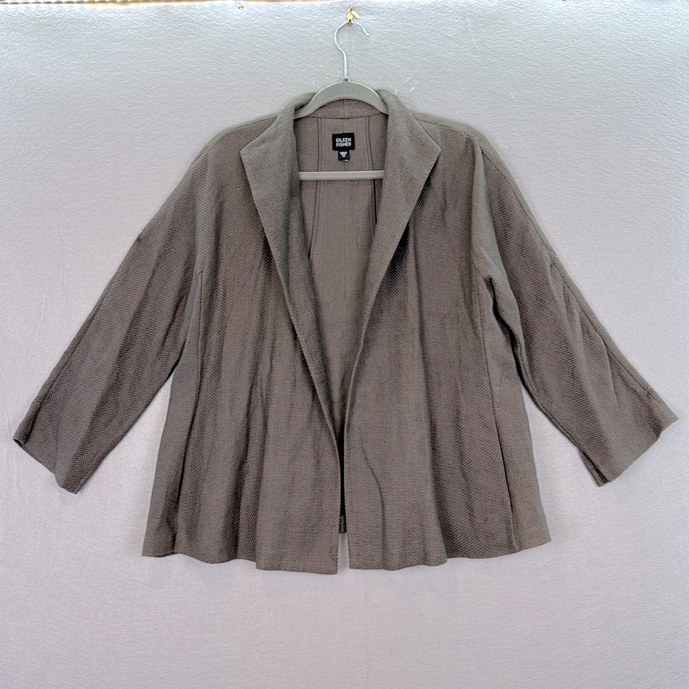 Eileen Fisher women’s Linen Cotton blend Woven Textured Jacket Kimono mocha SZ M
